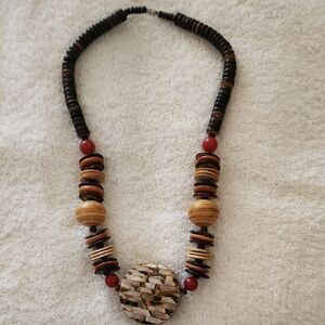 Vintage Black Lip Mother Of Pearl,coral,coconut Beaded Necklace.